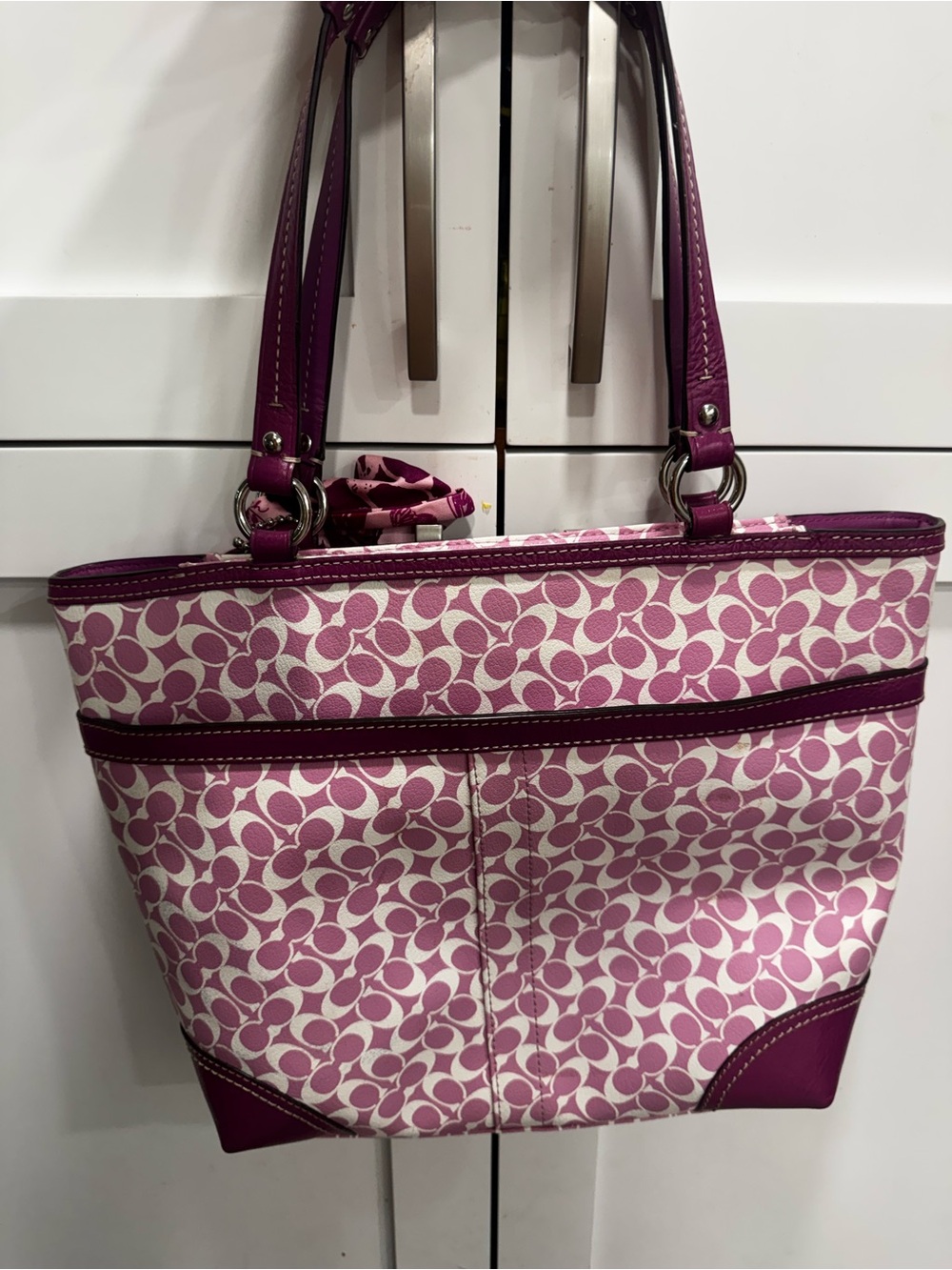 Coach Pink and Magenta Signature Stripe Tote with Heart-Print Scarf - Picture 3 of 7